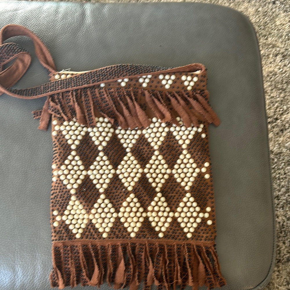 Handcrafted Brown Beaded Fringe Bag